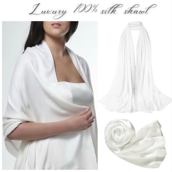 100% SILK White Shawl Scarf Wedding Large Satin Bridal Cover up Bridesmaid Wrap - Picture 2 of 10